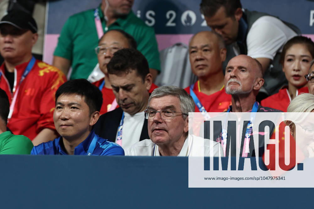 (240730) -- PARIS, July 30, 2024 -- International Olympic Committee (IOC) President Thomas Bach is seen during the mixed doubles gold medal Table tennis, Tischtennis match between Wang Chuqin Sun Yingsha of China and Ri Jong Sik Kim Kum Yong of the Democratic People s Republic of Korea at the Paris 2024 Olympic Games, Olympische Spiele, Olympia, OS in Paris, France, on July 30, 2024. Wang Dongzhen) (PARIS2024)FRANCE-PARIS-OLY-TABLE TENNIS WangDongZhen