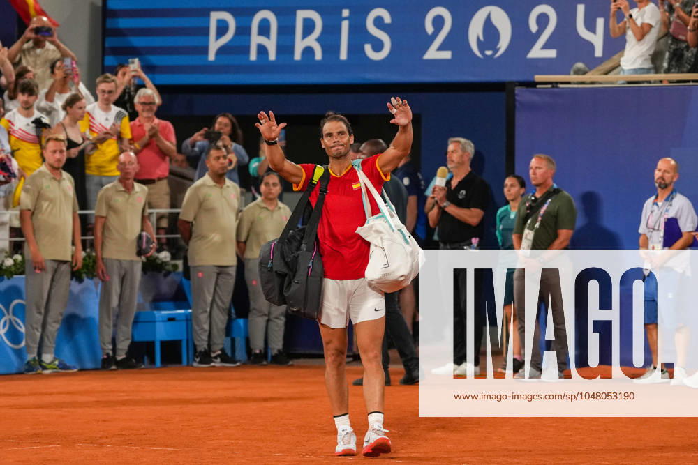 Rafael Nadal of Spain greeting the fans after loosing his match with Carlos Alcaraz of Spain against Austin Krajicek of USA and Rajeev Ram of USA during the men s doubles quarter-final tennis match on Court Philippe-Chatrier at the Roland-Garros Stadium during the Paris 2024 Olympic Games, Olympische Spiele, Olympia, OS in Paris on July 31, 2024. Paris FRANCE - ZUMAa181 20240731_zaa_a181_395