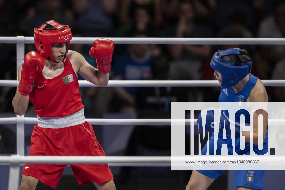 Paris 2024 - Controversal Biologically Male Boxer Imane Khelif in Women Category Algeria s Imane Khelif (in red) and Italy s Angela Carini during their women s 66kg preliminaries round of 16 boxing match during the Paris 2024 Olympic Games, Olympische Spiele, Olympia, OS at the North Paris Arena, in Villepinte on August 1, 2024. Female boxer yells this is unjust and falls to her knees in tears as she quits fight against biologically male Olympic opponent Imane Khelif after just 46 seconds following two powerful punches. Photo by Eliot Blondet ABACAPRESS.COM Paris France
