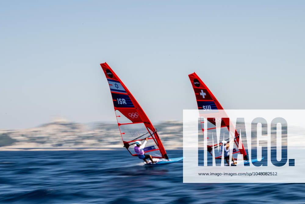 Tom Reuveny of Israel and Elia Colombo of Switzerland compete in men s windsurfing iQFOiL sailing race 11 during day 6 of the Paris 2024 Olympic Games on August 1, 2024 in Marseille Photo Petter Arvidson BILDBYRAN kod PA PA0854 bbeng sailing olympic games olympics os ol olympiska spel olympiske leker paris 2024 paris os paris ol windsurfing iQFOiL