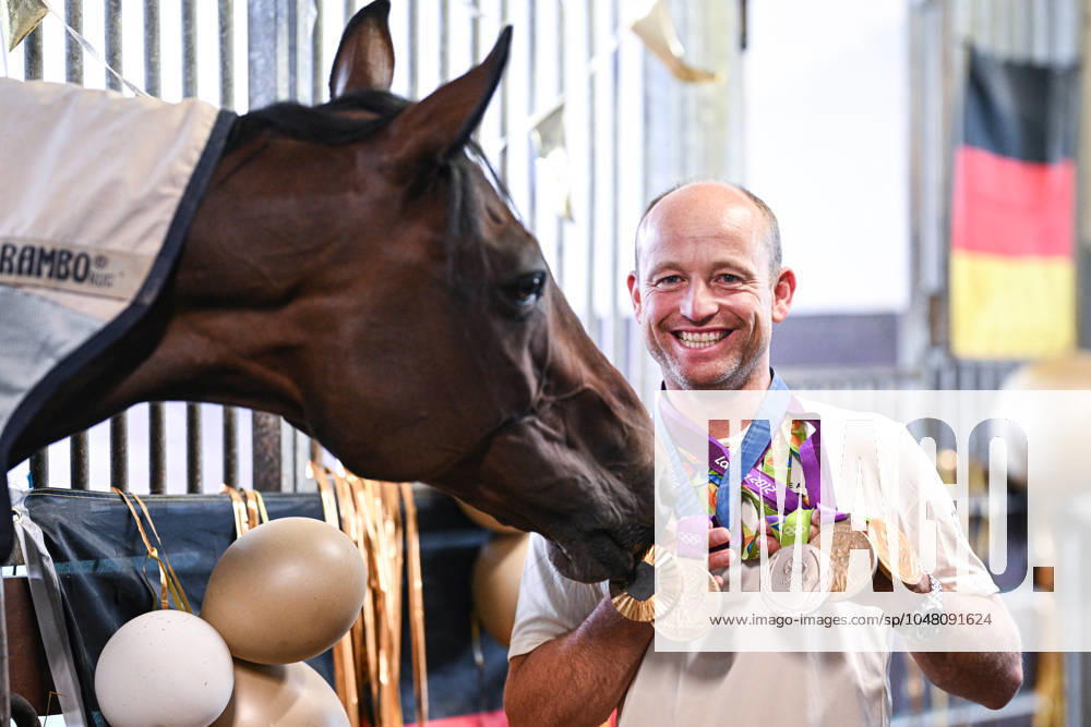 Summer Olympic Games in Paris 2024 Eventing 01 08 2024 Photo shoot with four-time Olympic champion Michael Jung Germany and his successful horse Chipmunk, his individual gold medal from Paris 2024, as well as the two medals, individual gold and team silver from Rio 2016 and the two gold medals from the London 2012 Olympic Games at his riding stables in Horb Altheim, Freudenstadt district