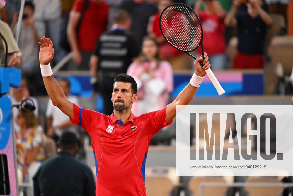 Paris 2024 - Djokovic Defeats Tsitsipas In Their Quarter Final Novak Djokovic (SRB) during his quarter final match at the 2024 Olympics Games at Roland Garros arena in Paris, France on August 1, 2024. Photo by Corinne Dubreuil ABACAPRESS.COM Paris France