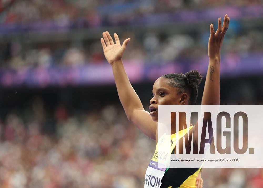 (240803) -- PARIS, Aug. 3, 2024 -- Tia Clayton of Jamaica reacts after the women s 100m semi-final of Athletics at the Paris 2024 Olympic Games, Olympische Spiele, Olympia, OS in Paris, France, Aug. 3, 2024. ) (PARIS2024) FRANCE-PARIS-OLY-ATHLETICS-100M-WOMEN LixYing