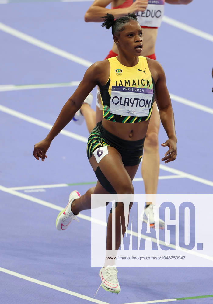 (240803) -- PARIS, Aug. 3, 2024 -- Tia Clayton of Jamaica reacts after the women s 100m semi-final of Athletics at the Paris 2024 Olympic Games, Olympische Spiele, Olympia, OS in Paris, France, Aug. 3, 2024. ) (PARIS2024) FRANCE-PARIS-OLY-ATHLETICS-100M-WOMEN LixGang
