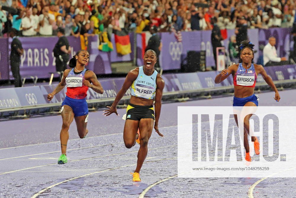 Finish photo 100m womens final, gold Julien Alfred LCA, Saint Lucia silver Sha Carri Richardson USA bronze Melissa Jefferson USA , Athletics, Paris 2024, Olympic Games Paris 2024, Olympic Games 2024, 03 08 2024,