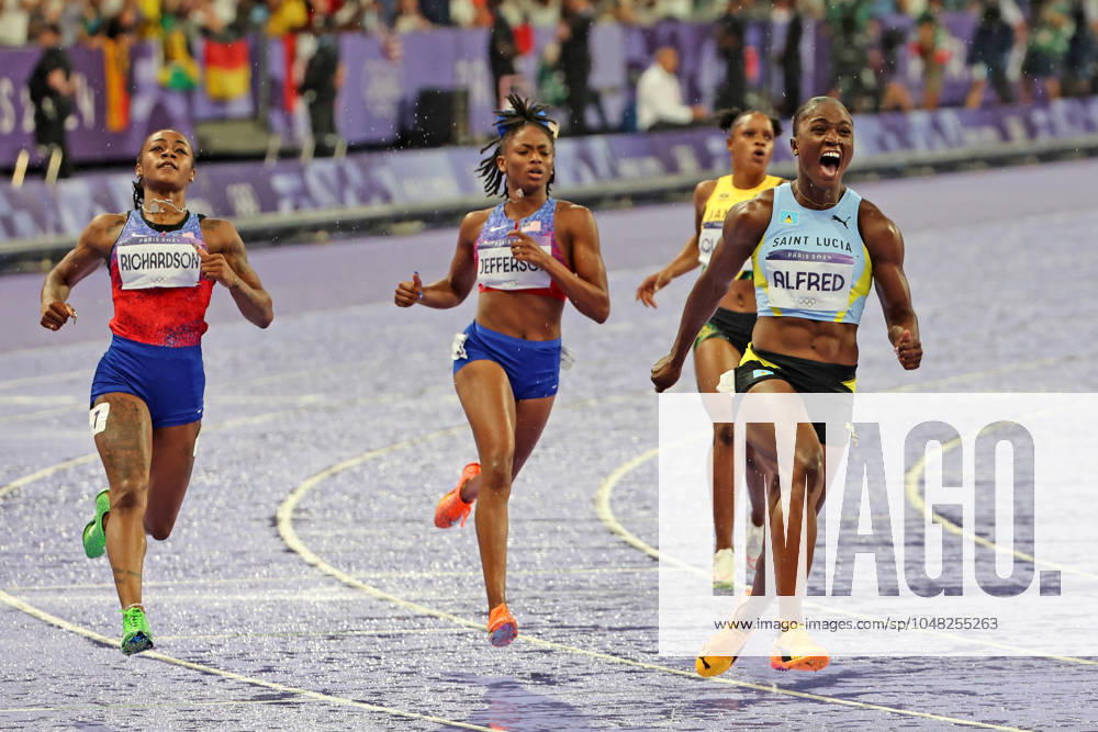 Finish photo 100m womens final, gold Julien Alfred LCA, Saint Lucia silver Sha Carri Richardson USA bronze Melissa Jefferson USA , Athletics, Paris 2024, Olympic Games Paris 2024, Olympic Games 2024, 03 08 2024,