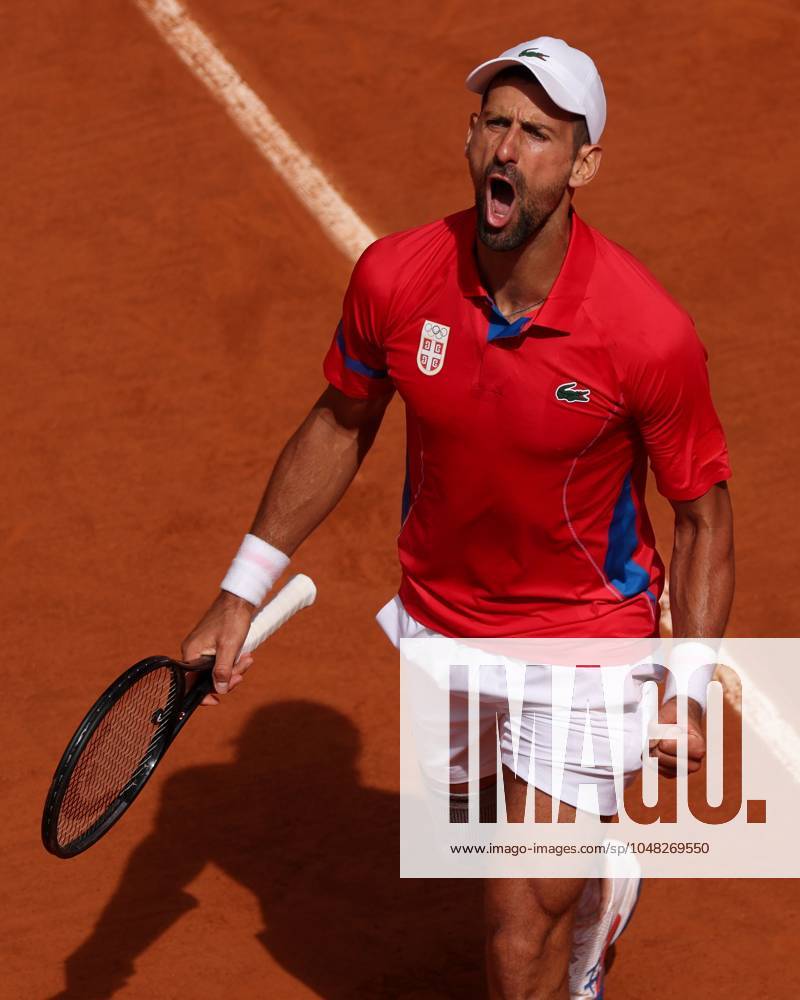 Novak Djokovic of Serbia celebrates during their Gold medal match against Carlos Alcaraz of Spain Paris 2024 Olympic Games, Olympische Spiele, Olympia, OS Day Nine, Paris, France - 04 Aug 2024