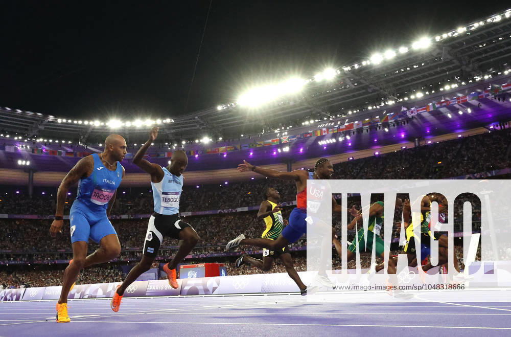 (240804) -- PARIS, Aug. 4, 2024 -- Noah Lyles (4th L) of the United States competes during the men s 100m final of Athletics at the Paris 2024 Olympic Games, Olympische Spiele, Olympia, OS in Paris, France, Aug. 4, 2024. ) (PARIS2024) FRANCE-PARIS-OLY-ATHLETICS-100M-MEN LixJing