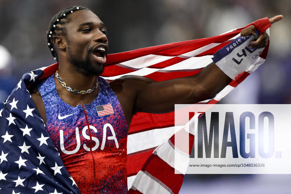 Noah Lyles of United States of America celebrates after winning the 100 meters men final during the Paris 2024 Olympic Games, Olympische Spiele, Olympia, OS at Stade de France in Paris (France)