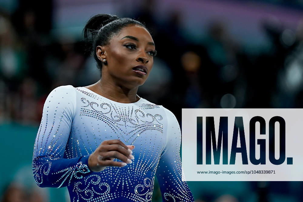 PARIS, FRANCE AUGUST 5 Simone Biles of United States looks dejected and disappointed after her performance during the Women s Balance Beam Final on day ten of the Olympic Games Paris 2024 at Bercy Arena on August 5, 2024 in Paris, France Paris Bercy Arena France