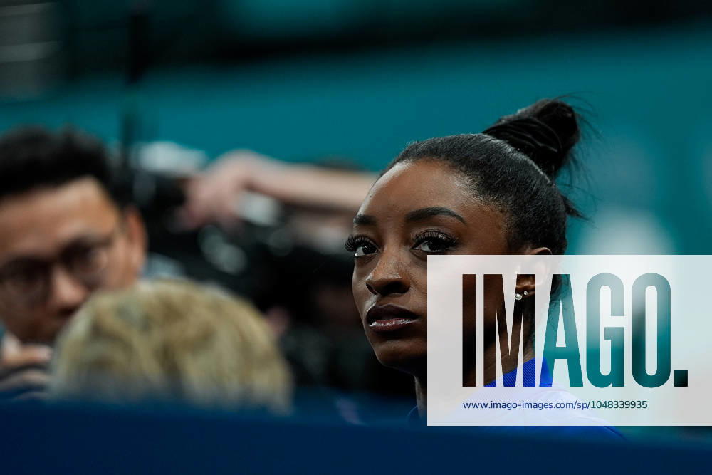 PARIS, FRANCE AUGUST 5 Simone Biles of United States looks dejected and disappointed after her performance during the Women s Balance Beam Final on day ten of the Olympic Games Paris 2024 at Bercy Arena on August 5, 2024 in Paris, France Paris Bercy Arena France