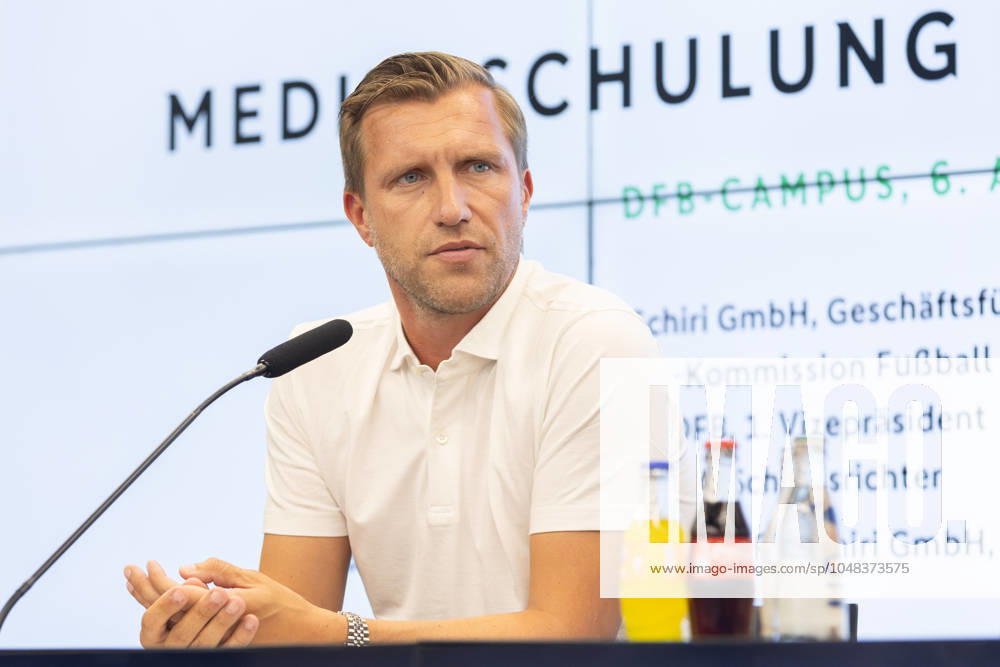 Press conference media training referee Markus Krösche DFL Commission Football speaks during the media training Press conference media training referee on August 6, 2024 in Frankfurt am Main , Frankfurt am Main Hessen Germany DFB Campus