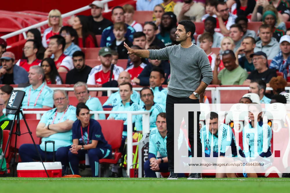 Arsenal FC v Bayer 04 Leverkusen Arsenal manager Mikel Arteta gestures on the touchline during the Arsenal FC v Bayer 04 Leverkusen pre-season friendly match at the Emirates Stadium, London, England, United Kingdom on 7 August 2024 Editorial use only. All images are copyright Every Second Media Limited. No images may be reproduced without prior permission.