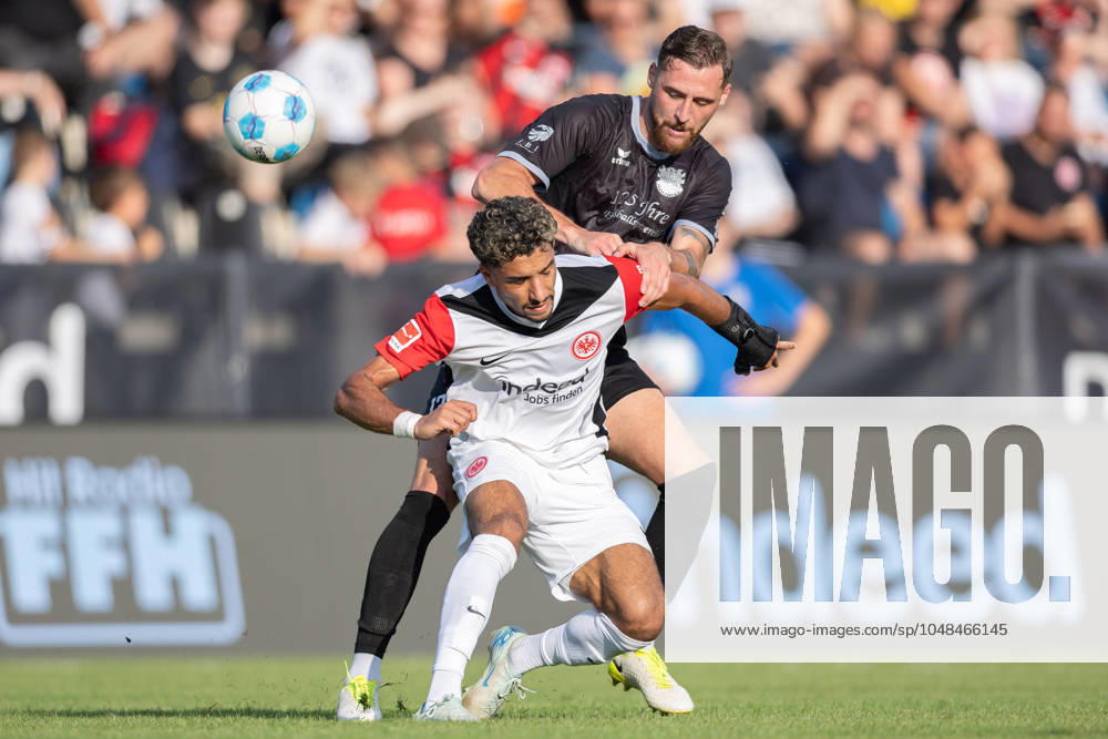 FSV Frankfurt Eintracht Frankfurt, Test match duel between Lukas Gottwalt FSV Frankfurt, 13 and Omar Marmoush Eintracht Frankfurt, 7 Test match between FSV Frankfurt and Eintracht Frankfurt on August 7, 2024 in Frankfurt , Frankfurt am Main Hessen Germany PSD Bank Arena