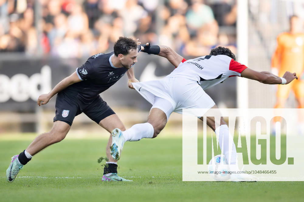 FSV Frankfurt Eintracht Frankfurt, Test match Birkan Celik FSV Frankfurt, 2 holds Omar Marmoush Eintracht Frankfurt, 7 by the pants Test match between FSV Frankfurt and Eintracht Frankfurt on August 7, 2024 in Frankfurt , Frankfurt am Main Hessen Germany PSD Bank Arena