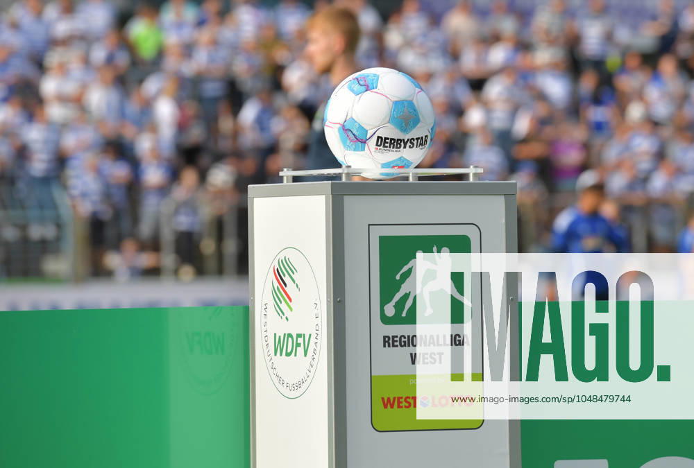 GER, Football, Regionalliga West, Season 2024 2025, 01 Matchday, Ohlendorf Stadion im Heidewald, Gütersloh FC Gütersloh MSV Duisburg 0 1 Derbystar match ball in front of the back straight of the Ohlendorf Stadion im Heidewald, Action, Single image, Landscape, Symbolic image, Symbolic photo, Feature