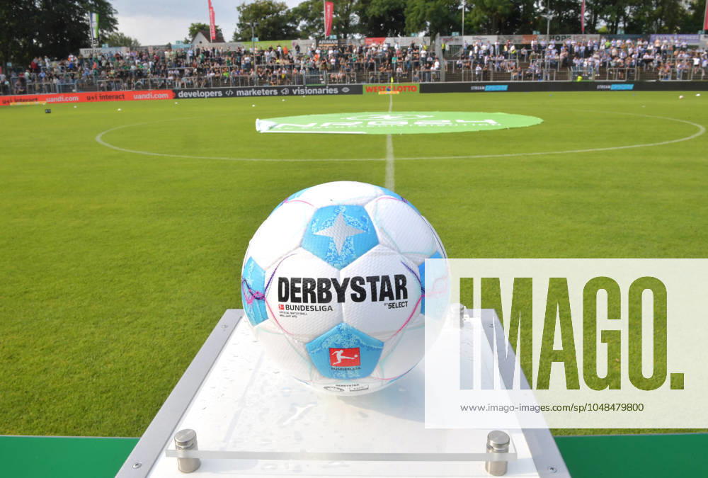 GER, Football, Regionalliga West, Season 2024 2025, 01 Matchday, Ohlendorf Stadion im Heidewald, Gütersloh FC Gütersloh MSV Duisburg 0 1 Derbystar match ball in front of the back straight of the Ohlendorf Stadion im Heidewald, Action, Single image, Landscape, Symbolic image, Symbolic photo, Feature