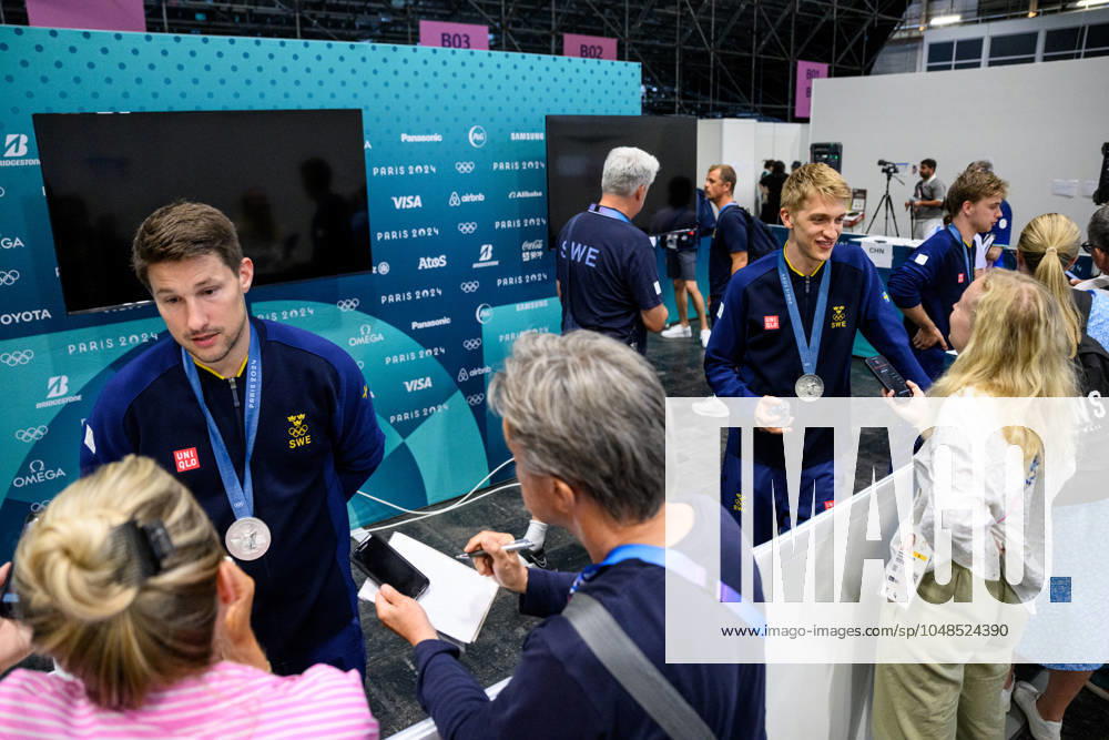 Kristian Karlsson and Anton Källberg of Sweden in the mixed zone after men s team table tennis final match between Sweden and China during day 14 of the Paris 2024 Olympic Games on August 9, 2024 in Paris Photo Petter Arvidson BILDBYRAN code PA PA0866 table tennis ping pong olympic games olympics os ol olympiska spel olympiske leker paris 2024 paris os paris ol 11 bbeng sverige sweden kina china final os final depp