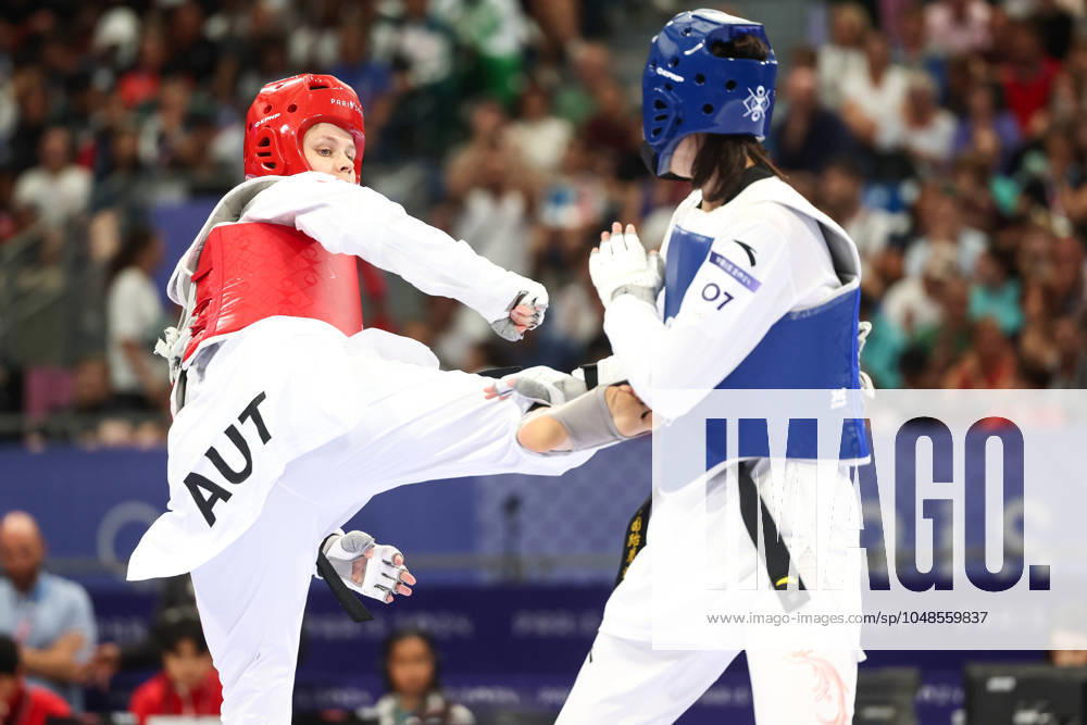 OLYMPICS - Olympic Summer Games 2024 PARIS,FRANCE,10.AUG.24 - OLYMPICS, TAEKWONDO - Olympic Summer Games Paris 2024, +67kg, women. Image shows Marlene Jahl (AUT) and Zeqi Zhou (CHN). GEPAxpictures Rauthner