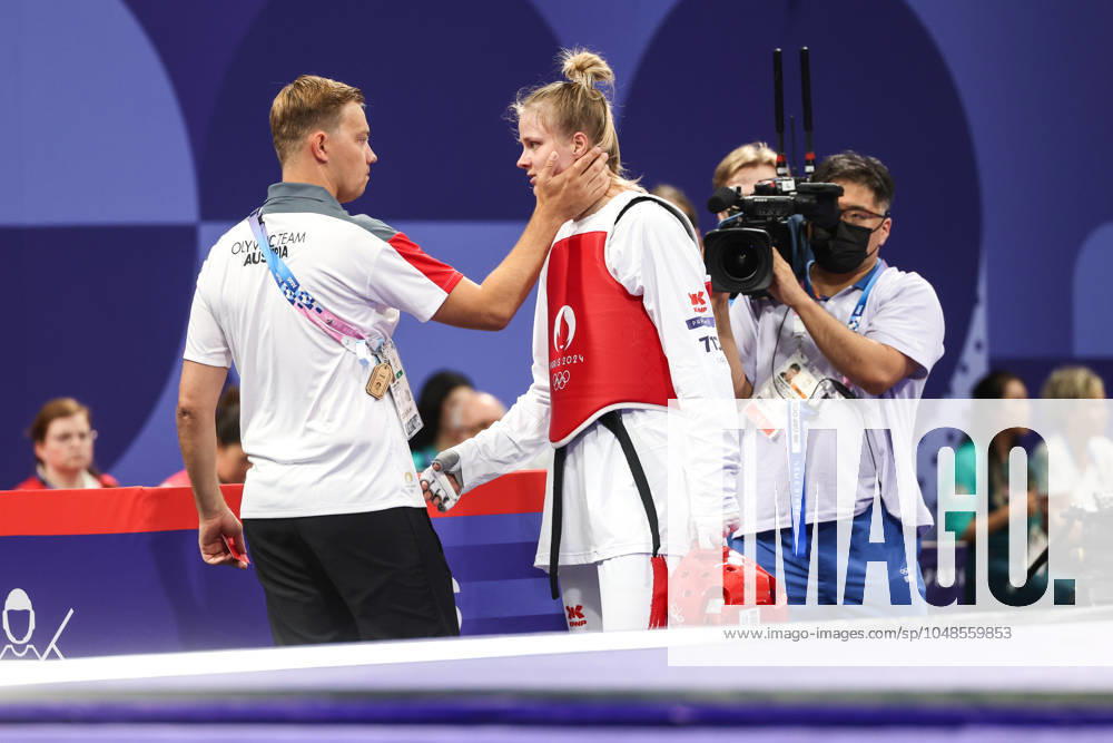 OLYMPICS - Olympic Summer Games 2024 PARIS,FRANCE,10.AUG.24 - OLYMPICS, TAEKWONDO - Olympic Summer Games Paris 2024, +67kg, women. Image shows head coach Markus Weidinger and Marlene Jahl (AUT). GEPAxpictures Rauthner