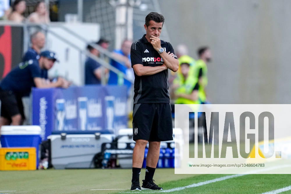 Marco Silva coach, head coach, Fulham , cropped, full body, single image, single photo, action, action, thoughtful, worried, pessimistic, 10 08 2024, Sinsheim Germany , football, test match, TSG 1899 Hoffenheim FC Fulham, DFB DFL REGULATIONS PROHIBIT ANY USE OF PHOTOGRAPHS AS IMAGE SEQUENCES AND OR QUASI VIDEO