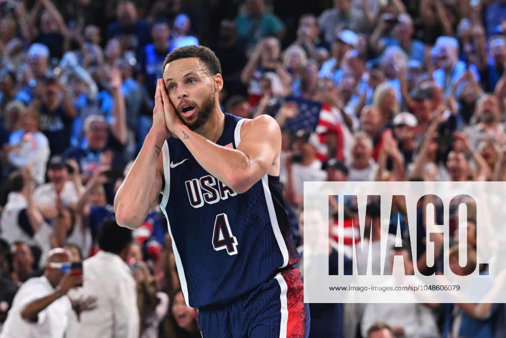 OLY24 BASKETBALL, American basketball player Stephen Curry reacts after scoring in the Men?s Gold Medal basketball match between France and United States of America at Bercy Arena in Paris as part of the 2024 Paris Summer Olympic Games, Olympische Spiele, Olympia, OS France, Saturday, August 10, 2024. ( NO ARCHIVING, , NO USE IN BOOKS WITHOUT CONSENT PARIS FRANCE