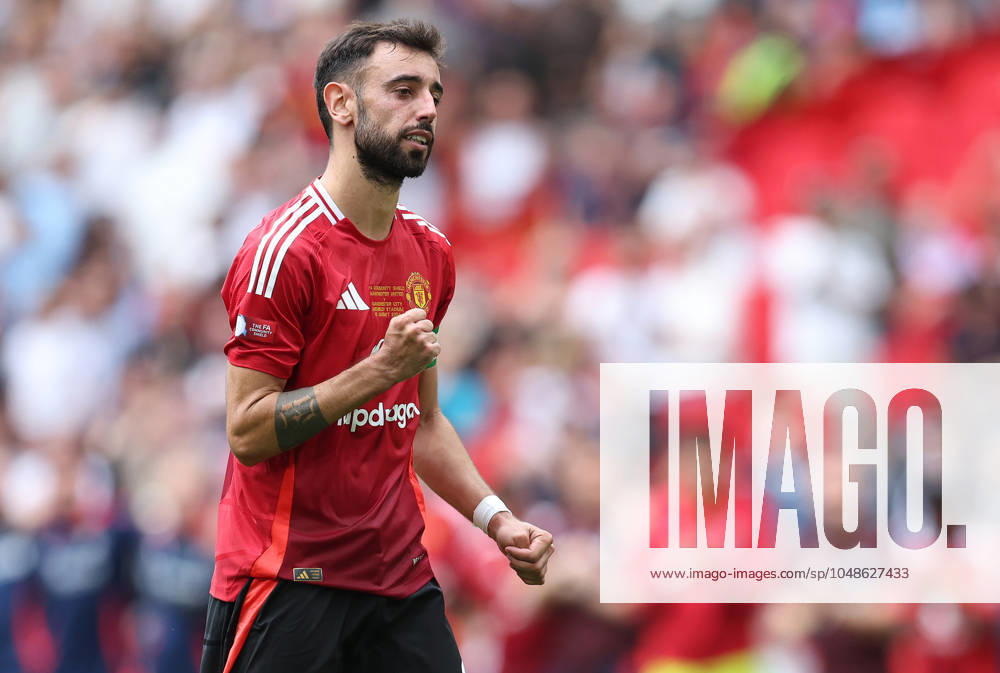 London, England, 10th August 2024. Bruno Fernandes of Manchester United, ManU reacts after he takes a penalty during the shoot out during the The FA Community Shield match at Wembley Stadium, London. Picture credit should read: Paul Terry Sportimage . SPI-3248-0191