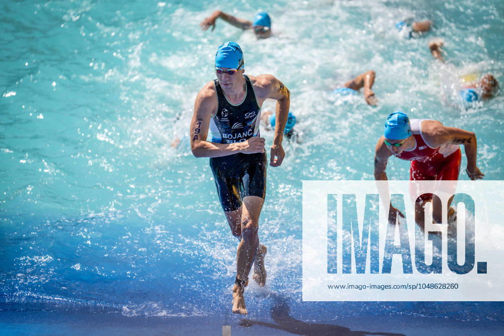 KW32 Europe Triathlon Sprint Relay Championships 2024 Domen Bojanc of Slovenia exits the swimming course during the mixed relay. Athletes gathered to participate at Europe Triathlon Sprint&Relay Championships in Balikesir Turkey on August 11, 2024 Balikesir Balikesir Turkey