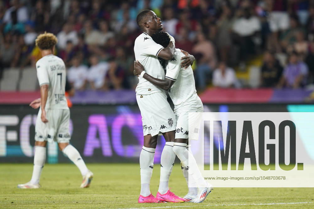 ESP: FC Barcelona, Barca v AS Monaco. Joan Gamper Trophy. Lamine Camara of AS Monaco FC celebrates the 0-1 during the Joan Gamper Trophy match between FC Barcelona and AS Monaco FC played at Luis Companys Stadium on August, 2024 in Barcelona Spain. kpng