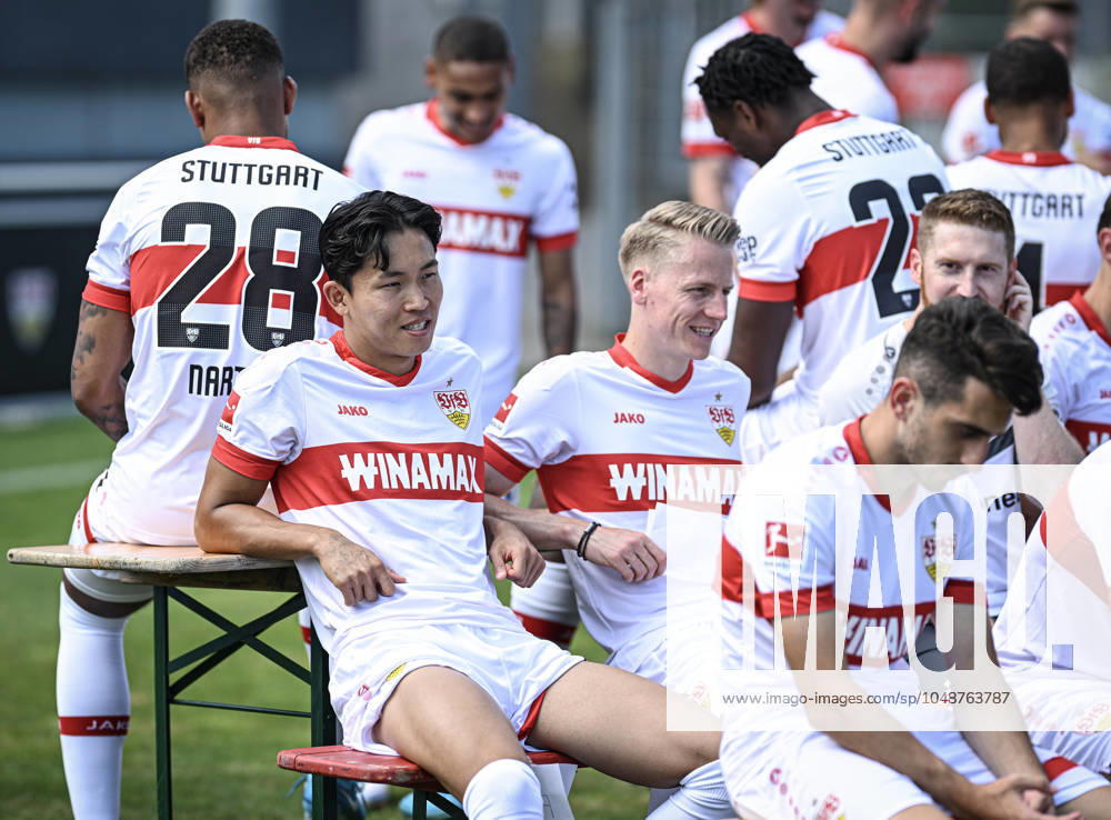 FOOTBALL 1 BUNDESLIGA SEASON 2024 2025 13 08 2024 Photo session at VfB Stuttgart on the training ground Wooyeong Jeong li with Chris Fuehrich center