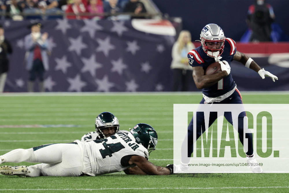 KW33 FOXBOROUGH, MA - AUGUST 15: New England Patriots wide receiver JaÕLynn Polk (1) breaks free during a preseason game between the New England Patriots and the Philadelphia Eagles on August 15, 2024, at Gillette Stadium in Foxborough, Massachusetts. (Photo by Fred Kfoury III Icon Sportswire) NFL, American Football Herren, USA AUG 15 Preseason Eagles at Patriots Icon482240815022