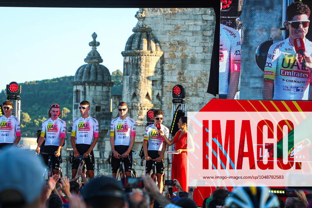Team Presentation Photos from La Vuelta 2024 in BelÈm - 15 Aug 2024 Joao Almeida of Portugal, Adam Yates of The United Kingdom, Isaac del Toro of Mexico, Pavel Sivakov of France, Filippo Baroncini of Italy, Jay Vine of Australia, Brandon McNulty of The United States from the UAE Team Emirates seen during the team presentation at the Torre de Belem prior to the 79th La Vuelta Ciclista a Espana 2024. Belem Portugal