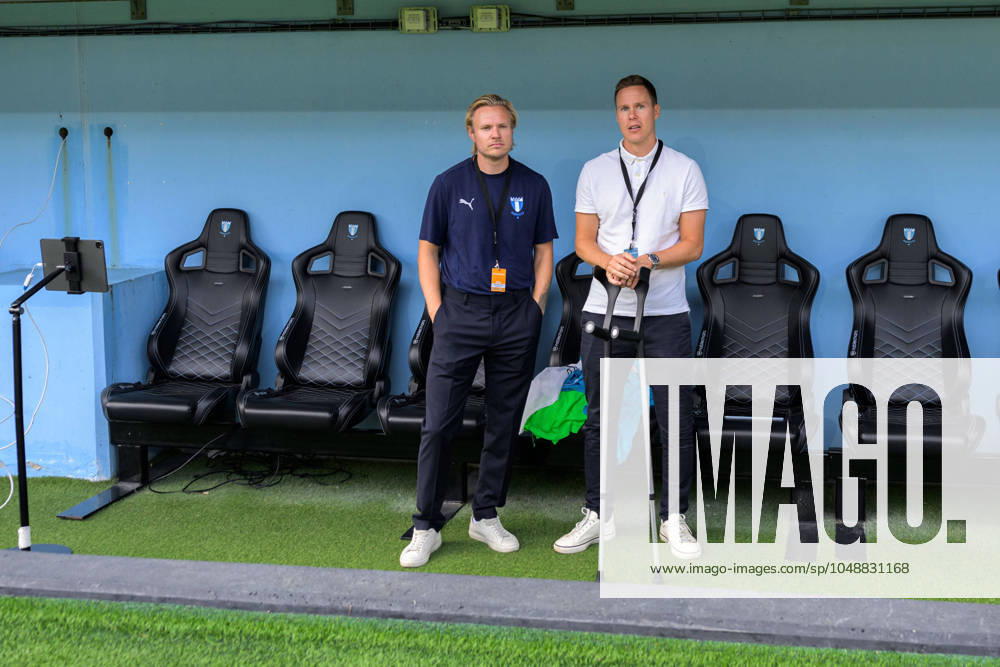 Malmö FFs press officer Hjalmar Steenberg and Niklas Moisander before the Allsvenskan football match between Malmö FF and IFK Norrköping on August 17, 2024 in Malmö