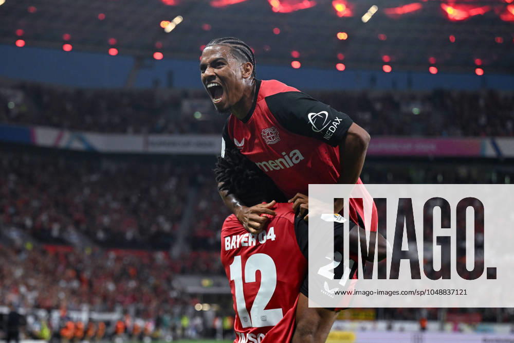 Football, DFL Supercup 2024, Season 2024 2025, Bayer Leverkusen VfB Stuttgart, Edmond Tapsoba Bayer Leverkusen and Amine Adli Bayer Leverkusen celebrate the goal for 1 0 xRHR PHOTO TKx