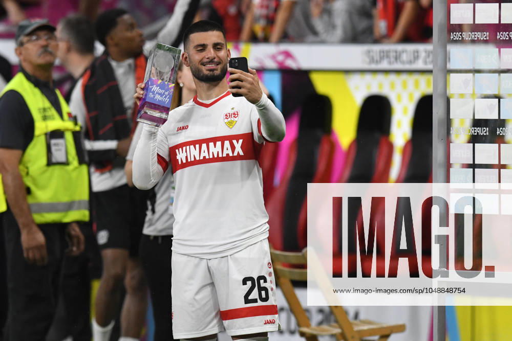 Deniz Undav VFB Stuttgart with the trophy for the man of the match GER, Bayer 04 Leverkusen vs VFB Stuttgart, Football, DFL Supercup Final, Season 2024 2025, 17 08 2024 DFL REGULATIONS PROHIBIT ANY USE OF PHOTOGRAPHS AS IMAGE SEQUENCES AND OR QUASI VIDEO GER, Bayer 04 Leverkusen vs VFB Stuttgart, Football, DFL Supercup Final, Season 2024 2025, 17 08 2024 Leverkusen