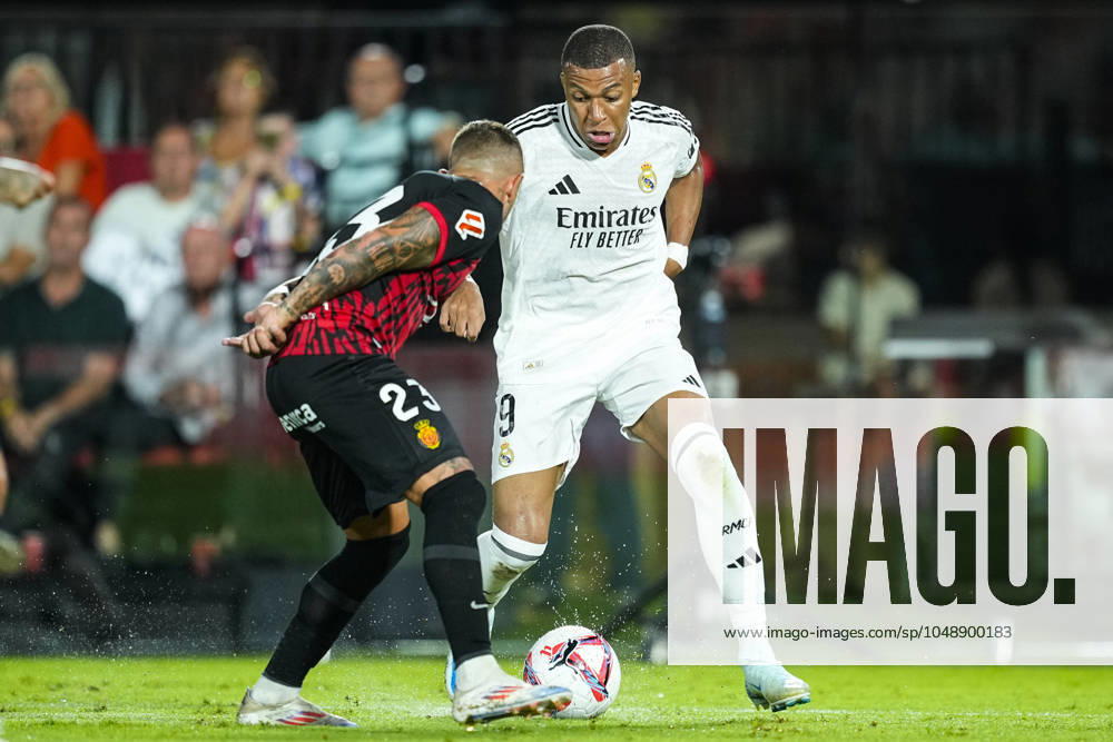 Kylian Mbappe of Real Madrid and Pablo Maffeo of RCD Mallorca in action during the Spanish league, La Liga EA Sports, football match played between RCD Mallorca and Real Madrid at Son Moix stadium on August 18, 2024, in Mallorca, Spain. Mallorca SPAIN - ZUMAa181 20240818_zaa_a181_104