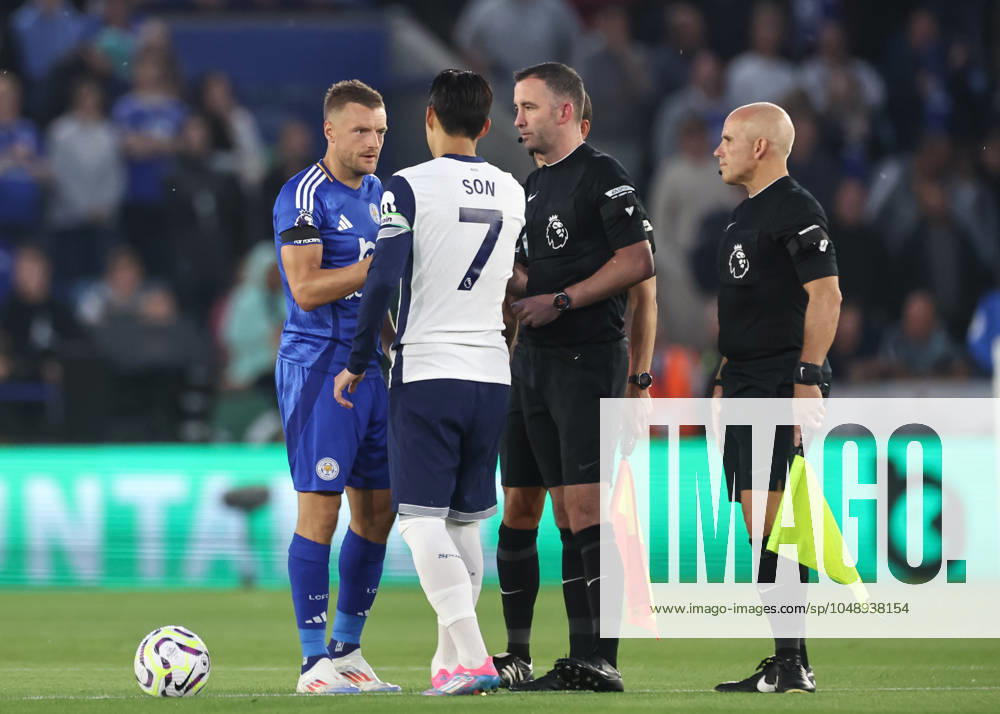 Premier League Leicester City v Tottenham Hotspur Jamie Vardy of Leicester City and Son Heung-min of Tottenham Hotspur shake hands after the coin toss ahead of the Premier League match Leicester City vs Tottenham Hotspur at King Power Stadium, Leicester, United Kingdom, 19th August 2024 (Photo by Mark Cosgrove News Images) Leicester King Power Stadium Leicestershire United Kingdom