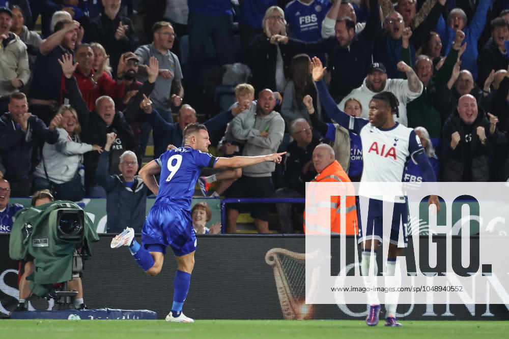 Premier League Leicester City v Tottenham Hotspur Jamie Vardy of Leicester City celebrates his goal to make it 1-1 during the Premier League match Leicester City vs Tottenham Hotspur at King Power Stadium, Leicester, United Kingdom, 19th August 2024 (Photo by Mark Cosgrove News Images) Leicester King Power Stadium Leicestershire United Kingdom