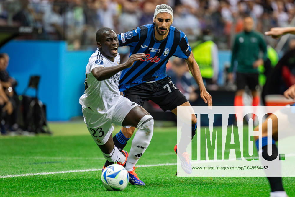 UEFA Super Cup 2024 Final match: Real Madrid Vs Atalanta BC in Warsaw, Poland - 14 Aug 2024 Ferland Mendy (L) of Real and Davide Zappacosta (R) of Atalanta BC are seen in action during the UEFA Super Cup 2024 Final match between Real Madrid and Atalanta BC at PGE Narodowy stadium in Warsaw. Final score; Real Madrid 2:0. Atalanta BC. Warsaw Poland