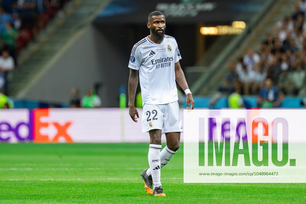 UEFA Super Cup 2024 Final match: Real Madrid Vs Atalanta BC in Warsaw, Poland - 14 Aug 2024 Antonio Rudiger of Real seen in action during the UEFA Super Cup 2024 Final match between Real Madrid and Atalanta BC at PGE Narodowy stadium in Warsaw. Final score; Real Madrid 2:0. Atalanta BC. Warsaw Poland