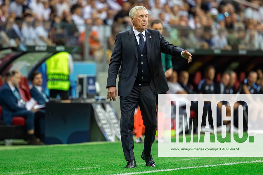 UEFA Super Cup 2024 Final match: Real Madrid Vs Atalanta BC in Warsaw, Poland - 14 Aug 2024 Carlo Ancelotti head coach of Real seen in action during the UEFA Super Cup 2024 Final match between Real Madrid and Atalanta BC at PGE Narodowy stadium in Warsaw. Final score; Real Madrid 2:0. Atalanta BC. Warsaw Poland