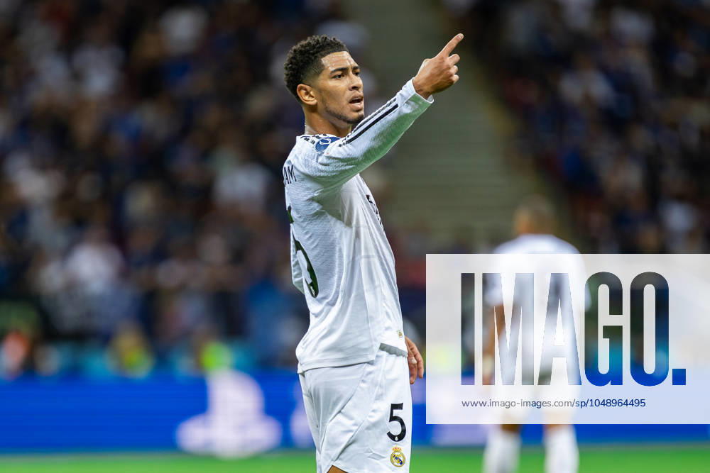 UEFA Super Cup 2024 Final match: Real Madrid Vs Atalanta BC in Warsaw, Poland - 14 Aug 2024 Jude Bellingham of Real gestures during the UEFA Super Cup 2024 Final match between Real Madrid and Atalanta BC at PGE Narodowy stadium in Warsaw. Final score; Real Madrid 2:0. Atalanta BC. Warsaw Poland