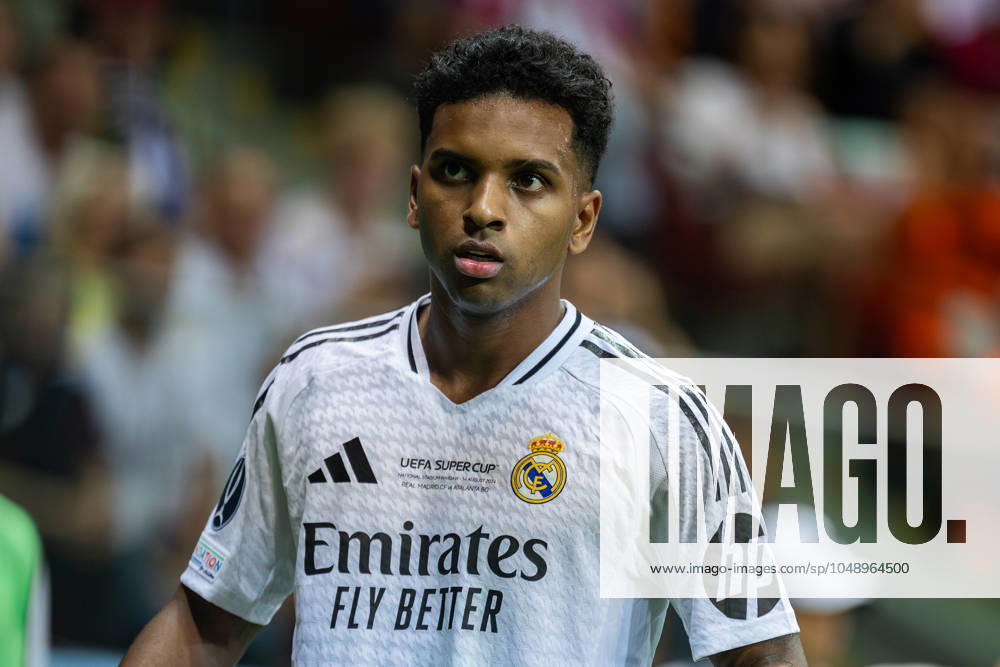 UEFA Super Cup 2024 Final match: Real Madrid Vs Atalanta BC in Warsaw, Poland - 14 Aug 2024 Rodrygo Silva de Goes of Real seen in action during the UEFA Super Cup 2024 Final match between Real Madrid and Atalanta BC at PGE Narodowy stadium in Warsaw. Final score; Real Madrid 2:0. Atalanta BC. Warsaw Poland