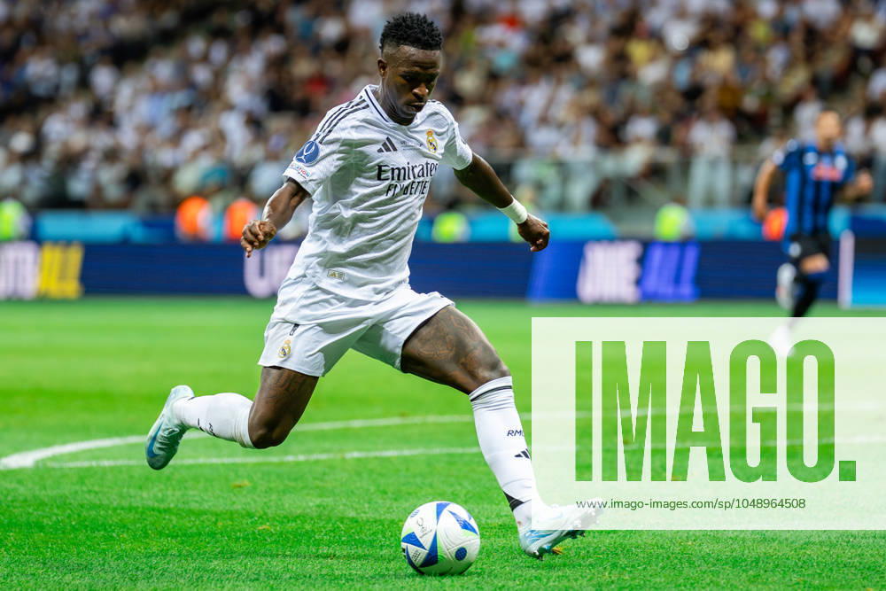 UEFA Super Cup 2024 Final match: Real Madrid Vs Atalanta BC in Warsaw, Poland - 14 Aug 2024 Vinicius Junior of Real seen in action during the UEFA Super Cup 2024 Final match between Real Madrid and Atalanta BC at PGE Narodowy stadium in Warsaw. Final score; Real Madrid 2:0. Atalanta BC. Warsaw Poland