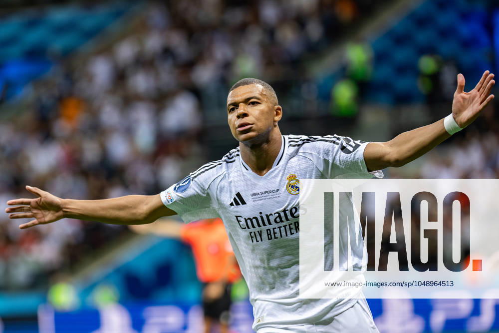 UEFA Super Cup 2024 Final match: Real Madrid Vs Atalanta BC in Warsaw, Poland - 14 Aug 2024 Kylian Mbappe of Real celebrates a goal during the UEFA Super Cup 2024 Final match between Real Madrid and Atalanta BC at PGE Narodowy stadium in Warsaw. Final score; Real Madrid 2:0. Atalanta BC. Warsaw Poland