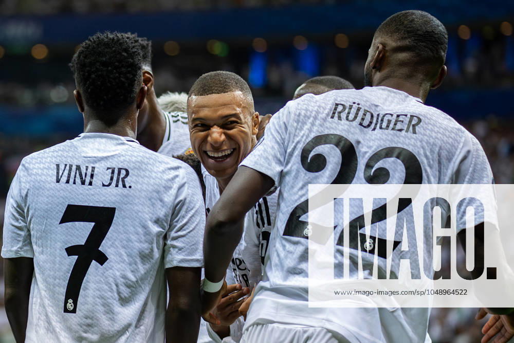 UEFA Super Cup 2024 Final match: Real Madrid Vs Atalanta BC in Warsaw, Poland - 14 Aug 2024 Vinicius Junior (L), Kylian Mbappe (C), Antonio Rudiger (R) of Real celebrate a goal during the UEFA Super Cup 2024 Final match between Real Madrid and Atalanta BC at PGE Narodowy stadium in Warsaw. Final score; Real Madrid 2:0. Atalanta BC. Warsaw Poland
