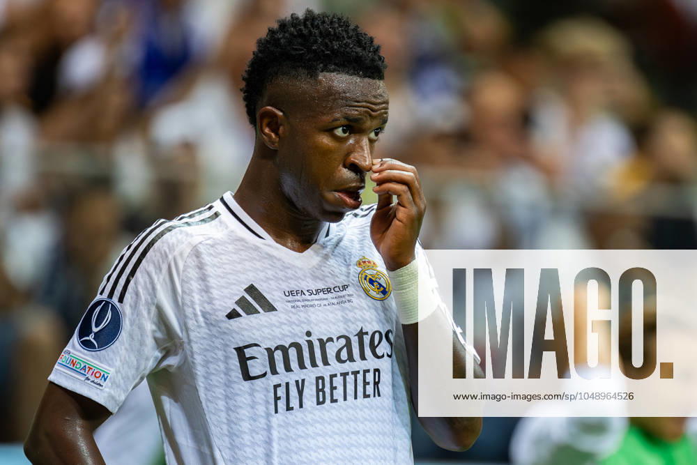 UEFA Super Cup 2024 Final match: Real Madrid Vs Atalanta BC in Warsaw, Poland - 14 Aug 2024 Vinicius Junior of Real seen in action during the UEFA Super Cup 2024 Final match between Real Madrid and Atalanta BC at PGE Narodowy stadium in Warsaw. Final score; Real Madrid 2:0. Atalanta BC. Warsaw Poland