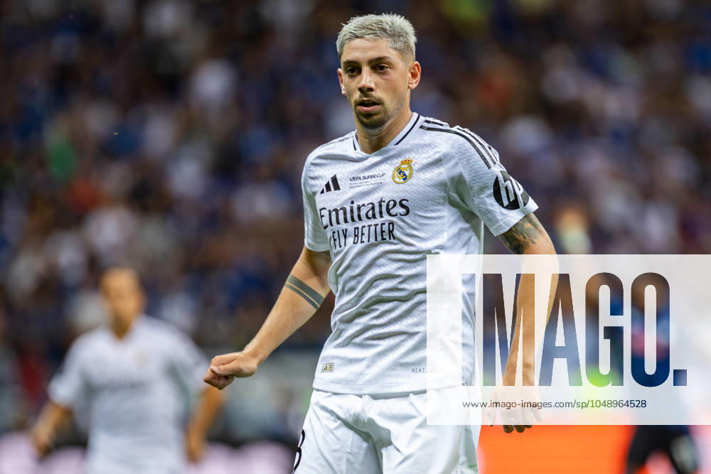 UEFA Super Cup 2024 Final match: Real Madrid Vs Atalanta BC in Warsaw, Poland - 14 Aug 2024 Federico Valverde (Fede Valverde) of Real seen in action during the UEFA Super Cup 2024 Final match between Real Madrid and Atalanta BC at PGE Narodowy stadium in Warsaw. Final score; Real Madrid 2:0. Atalanta BC. Warsaw Poland