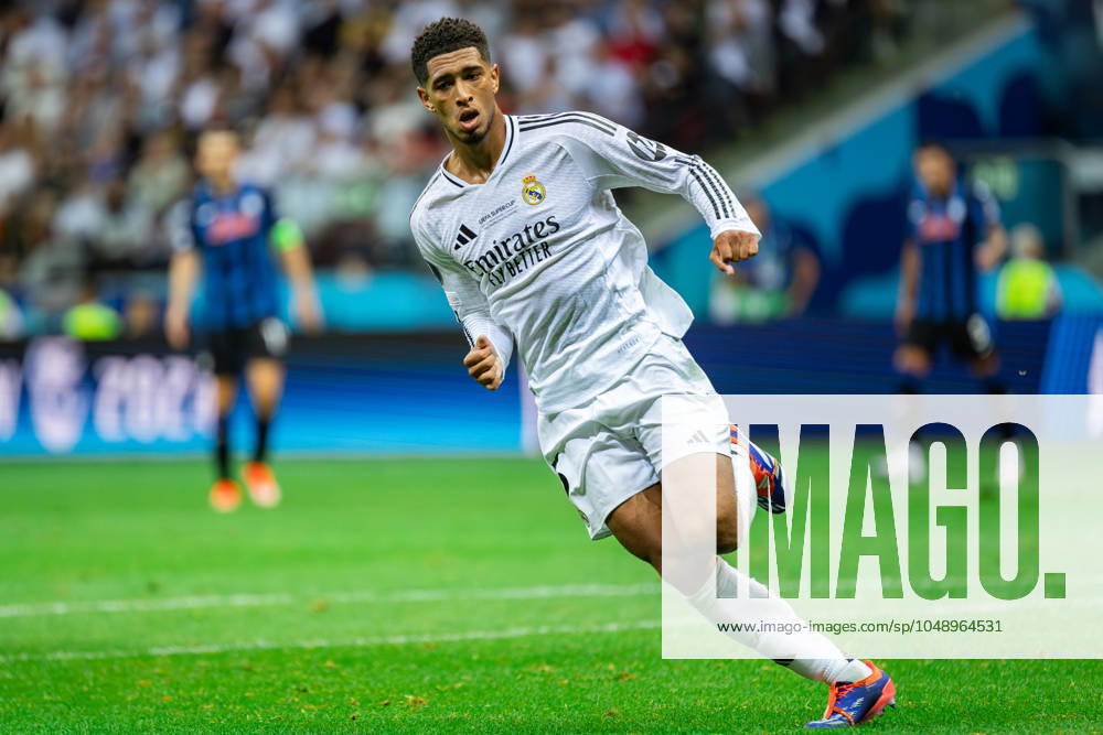 UEFA Super Cup 2024 Final match: Real Madrid Vs Atalanta BC in Warsaw, Poland - 14 Aug 2024 Jude Bellingham of Real seen in action during the UEFA Super Cup 2024 Final match between Real Madrid and Atalanta BC at PGE Narodowy stadium in Warsaw. Final score; Real Madrid 2:0. Atalanta BC. Warsaw Poland