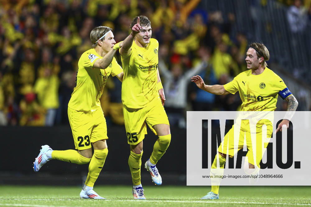 UEFA Champions league play off 2024 2025 Bodo Glimt Red Star Bodo 20240820 Bodo Glimts Isak M??tt? in the middle celebrates his 2 0 score with Jens Petter Hauge left and Patrick Berg during the Champions League play off match between Bodo Glimt and Crvena Zvezda Red Star Belgrade at the Aspmyra stadium in Bodo, Norway, on Tuesday Photo Mats Torbergsen NTB Bodo Norway RESTRICTED USE FOR BETTING COMPANIES